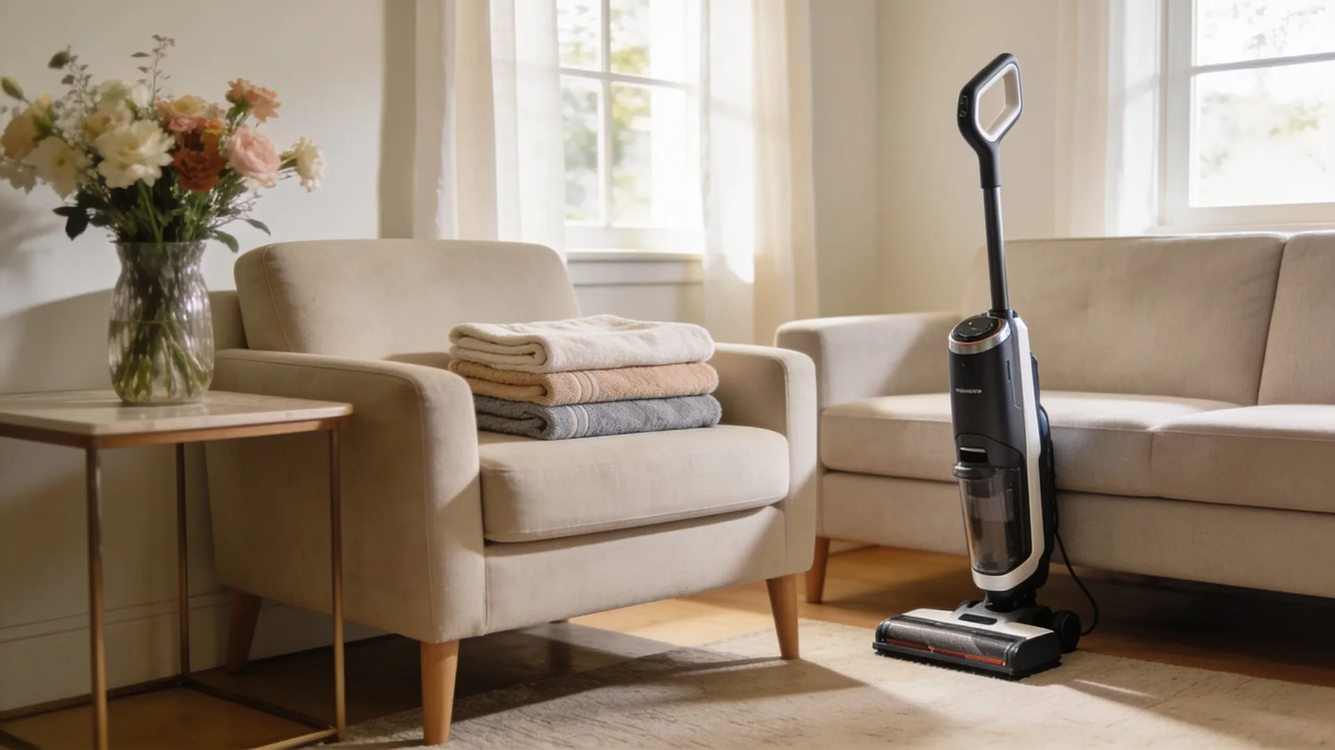 Tidy living room after the weekly cleaning, a vacuum cleaner by the sofa