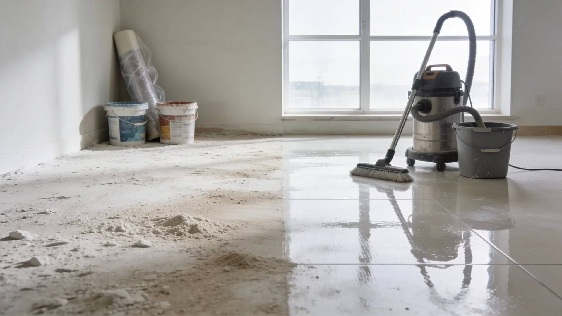 Apartment after building work: plaster dust, paint buckets and a vacuum cleaner, half the floor already washed